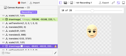 A screenshot of Safari's developer tools, showing the steps taken in drawing a Mii head.